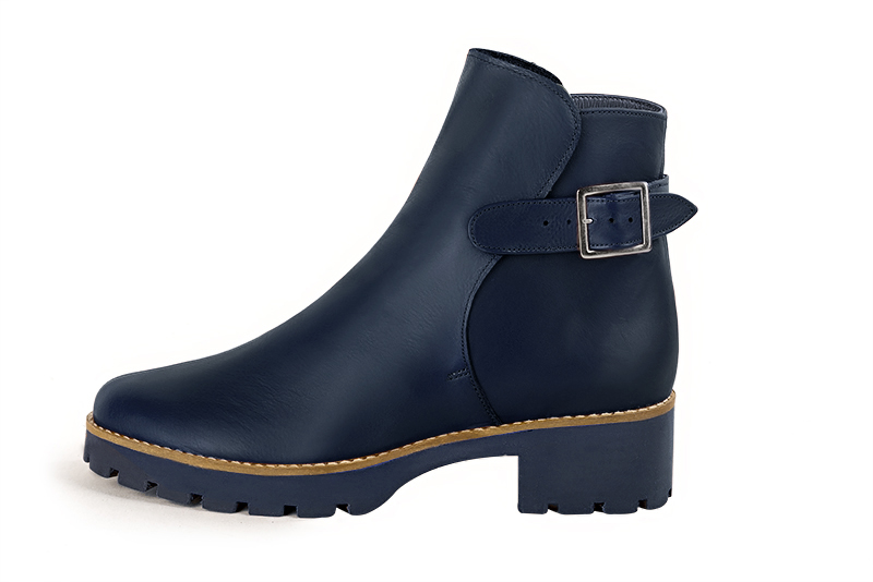 Navy blue women's ankle boots with buckles at the back. Round toe. Low rubber soles. Profile view - Florence KOOIJMAN